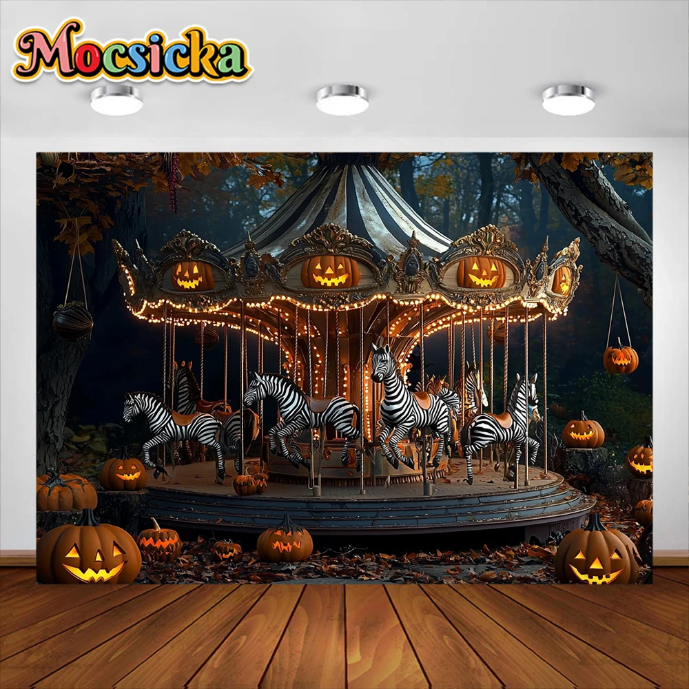Happy Halloween Photography Background Horror Carousel Children's Park Holiday Decoration Kids Portrait Photo Backdrops Banner