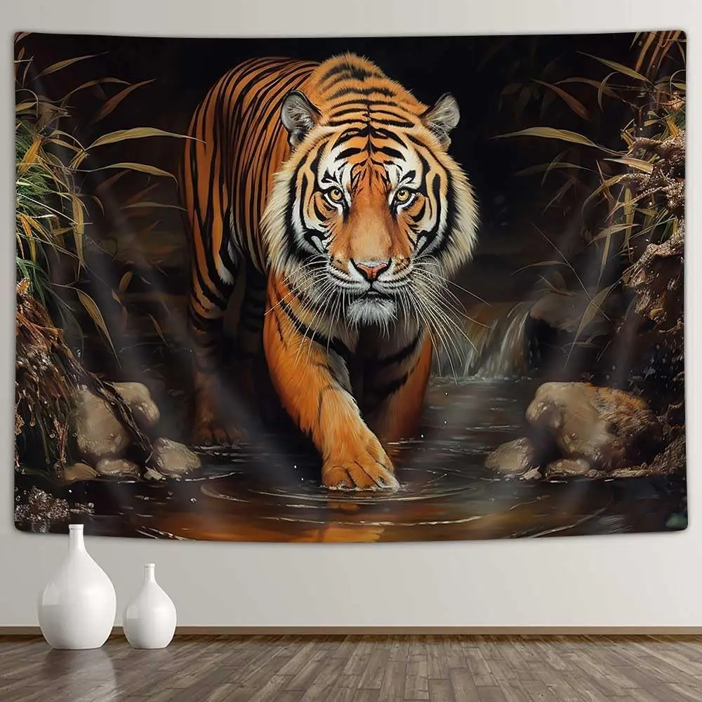 Majestic Tiger in Forest Stream Tapestry, Realistic Wild Animal Print Wall Hanging for Bedroom Living Room Dormitory Decor