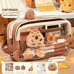Niedliches Capybara-Federmäppchen, Schulbedarf, transparentes, ästhetisches Federmäppchen mit niedlichen Capybara-Nadeln und Plüschaufklebern und Notizblock