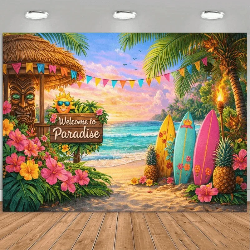 Hawaiianische Luau-Party-Kulisse, Tropischer Strandparadies-Hintergrund mit Tiki-Hütte, Surfbrettern & Ananas für Sommerpartys – Detail 6