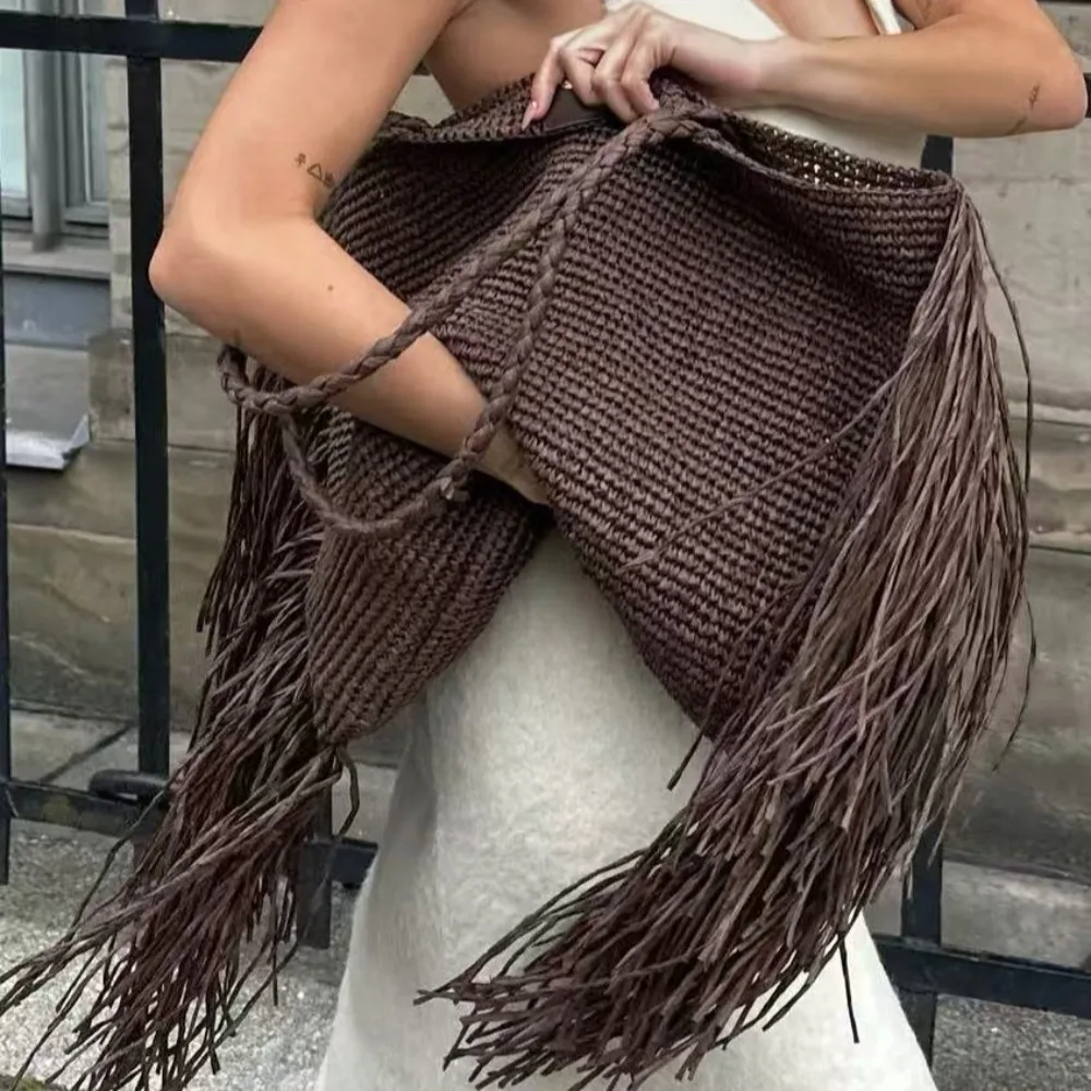 

Fashion Tassel Beach Bags for Women Shoulder Bag Bohemian Woven Straw Bag Handmade Knitting Shopper Tote Travel Handbags Purses