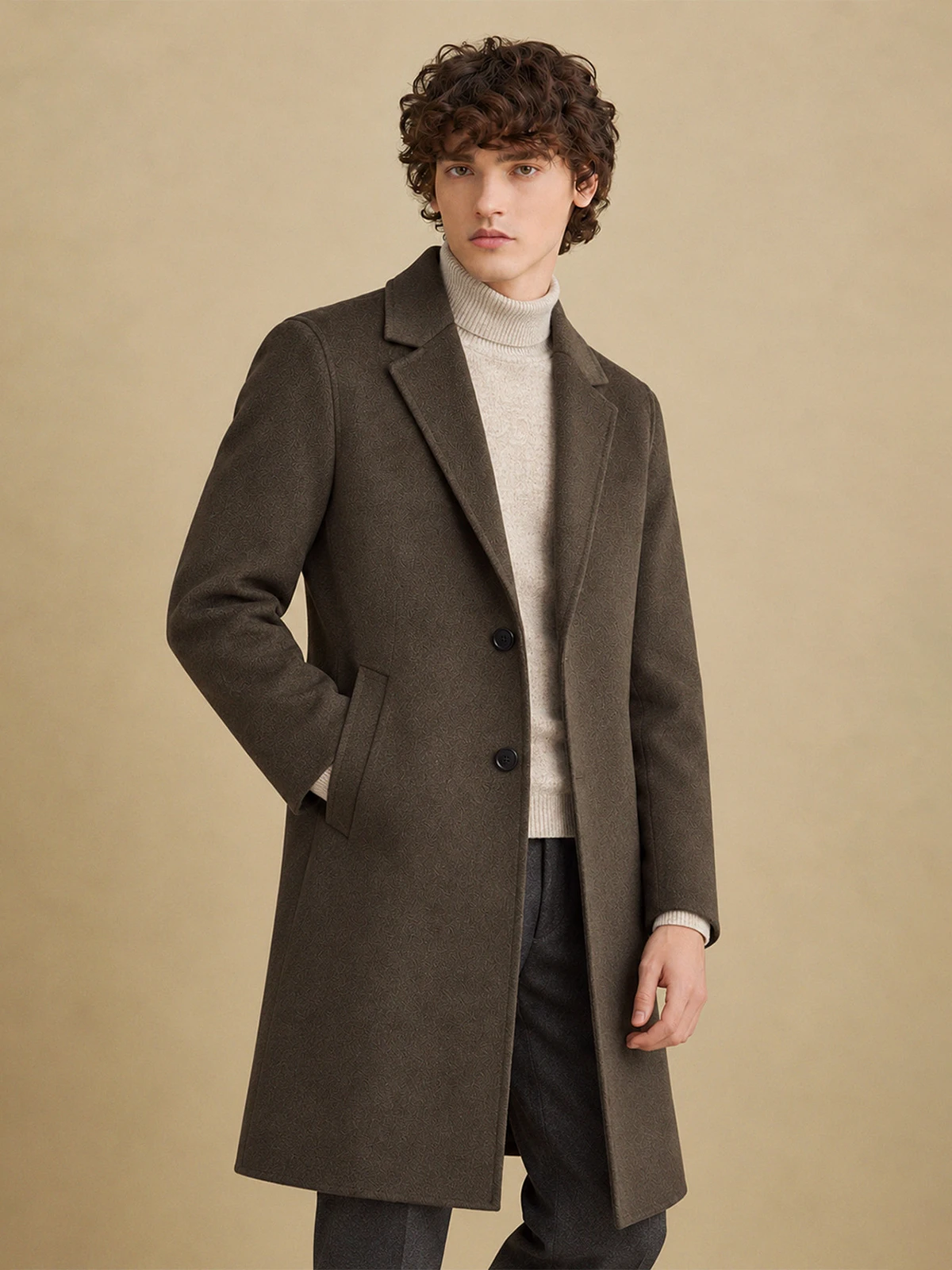 Men's Brown Double Faced 65% Wool Coat – Mid Length Lapel Business Overcoat, Vintage Gentleman Winter Jacket