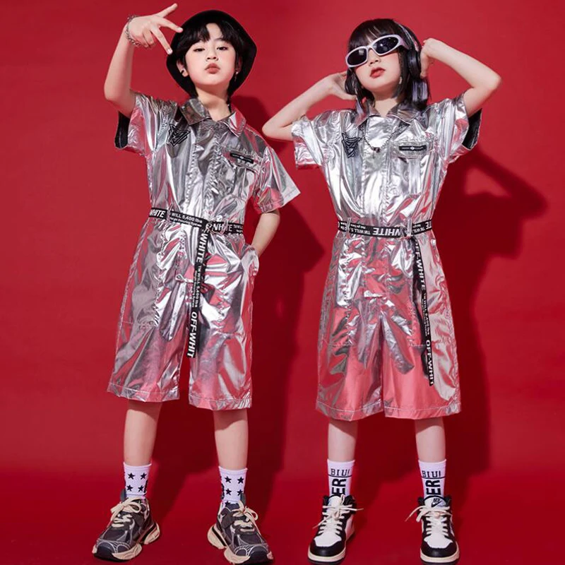 Kids Street Dance Sequin Overalls Rompers Boys Hip Hop Short Sleeve Jumpsuit Girls Cargo Pants Workwear Clothes Child Streetwear