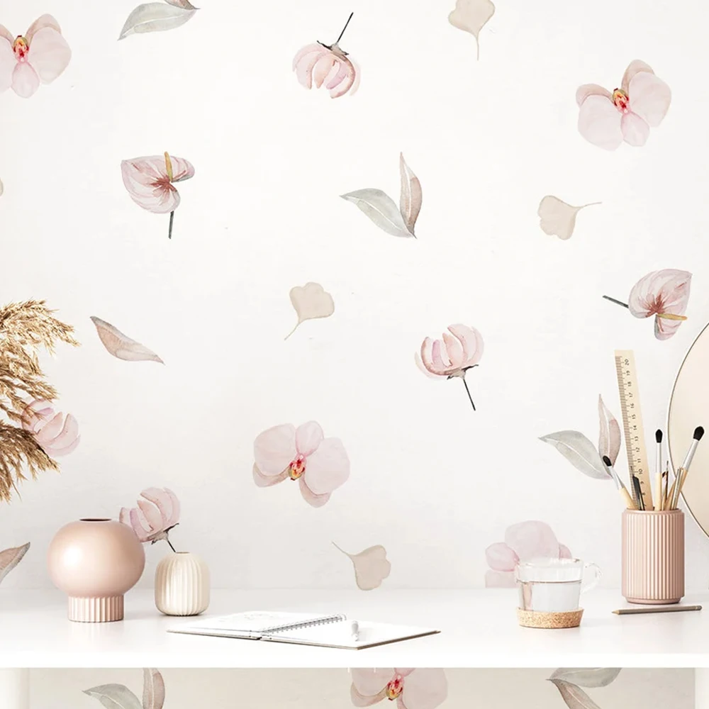 自由奔放に生きる水彩ピンクの花の壁のステッカー子供の部屋リビングルーム漫画の花の花 DIY モダンなロマンチックな壁アートデカール