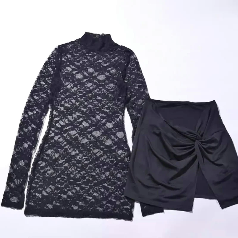 Elegante sexy kanten uitsnijding jurk dames effen o-hals lange mouw korte jurken split minirok 2-delige set 2025 feestoutfits