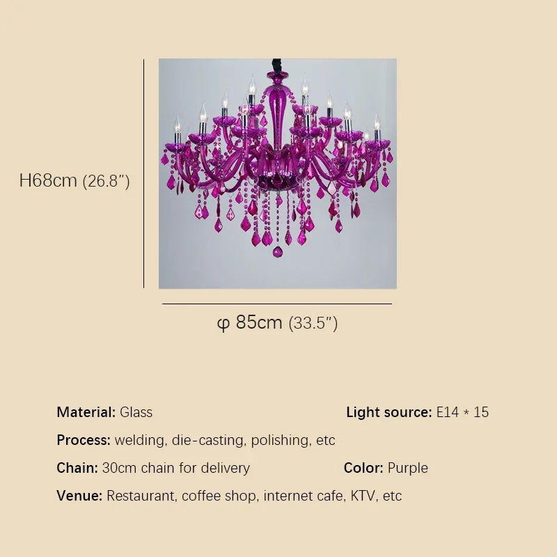 WPD European Style Crystal Pendent Lamp Purple Candle Lamp Luxurious Living Room Restaurant  Bedroom Girls' Room Chandelier