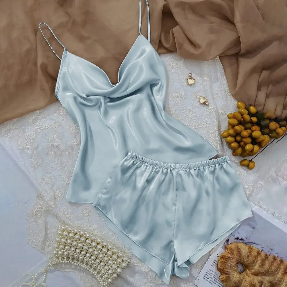 Sleeveless Sling Satin Silk Pajamas V-neck Ice Silk Camisole Shorts Nightdress Home Clothes Loose Two Piece Nightwear Girl