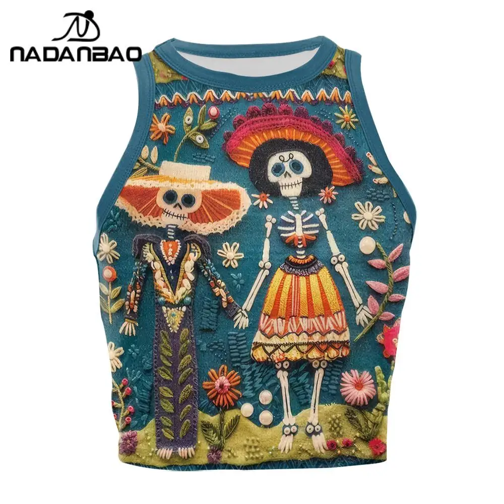 Nadanbao المكسيكي الفن الشعبي طباعة المحاصيل الأعلى عيد الهالوين الموتى قمصان بلا أكمام للنساء الصيف أزياء الجرافيك تانك الأعلى