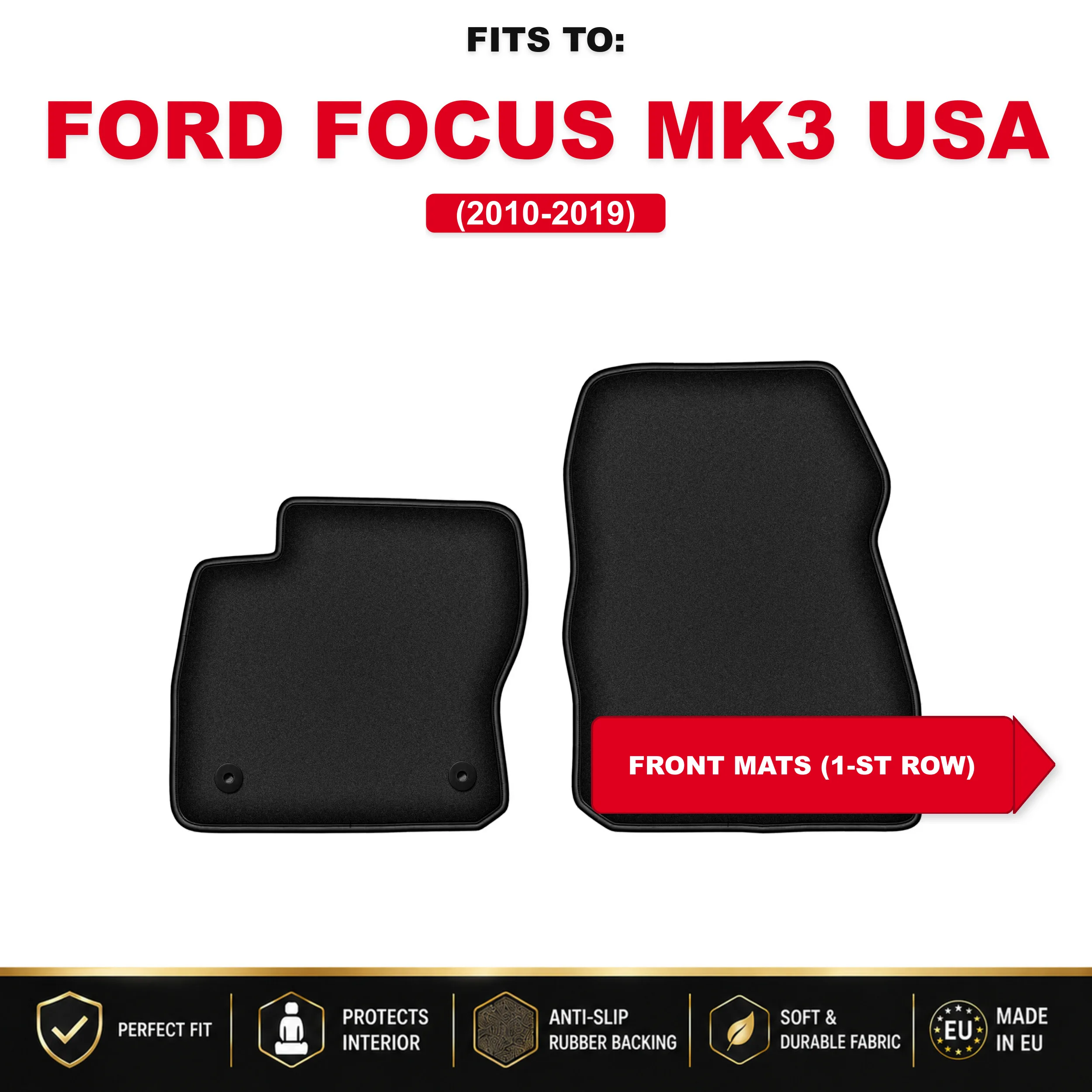 Tapis de sol avant en velours, noirs, 2 pièces. Pour : Ford Focus MK3 USA 2010-2019, ensemble de tapis de sol avant pour véhicule
