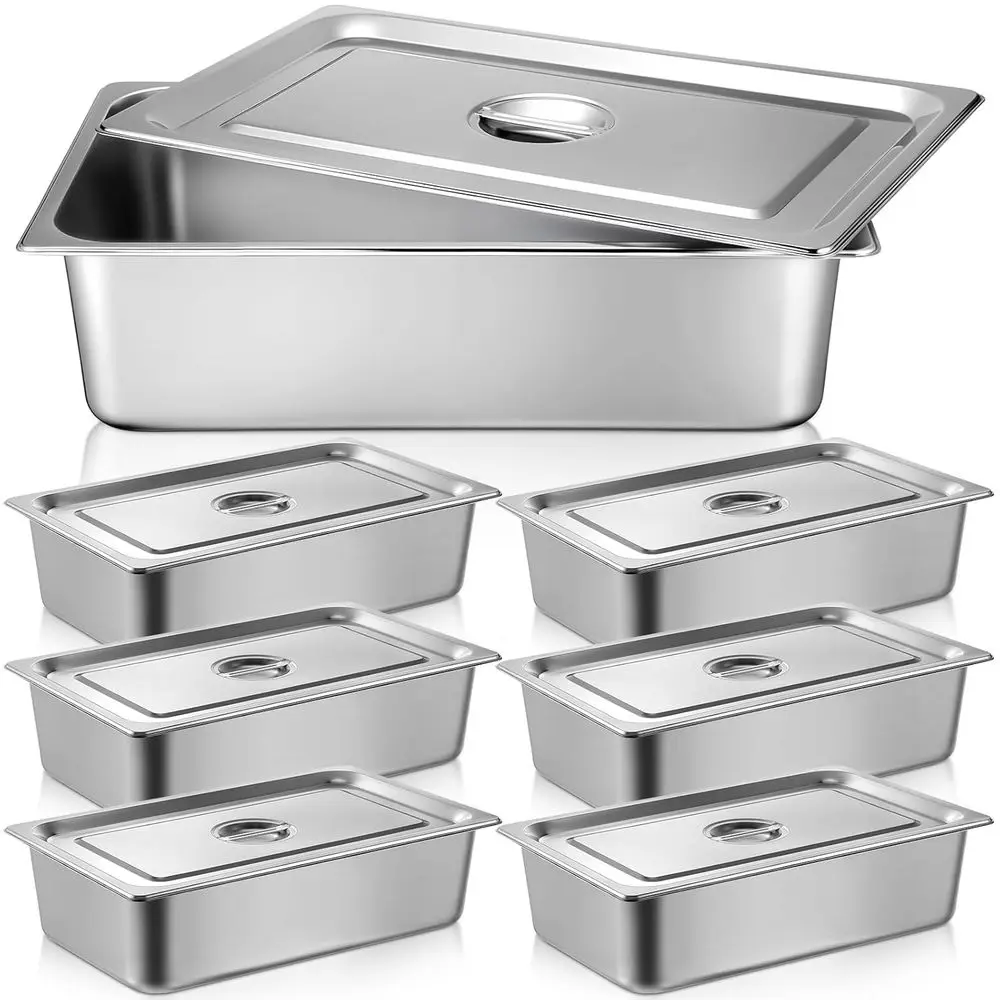 

6 Pack Full Size Steam Table Pans Deep Hotel Pan with Lid Thick Stainless Steel Restaurant Commercial Trays Steam Food Container