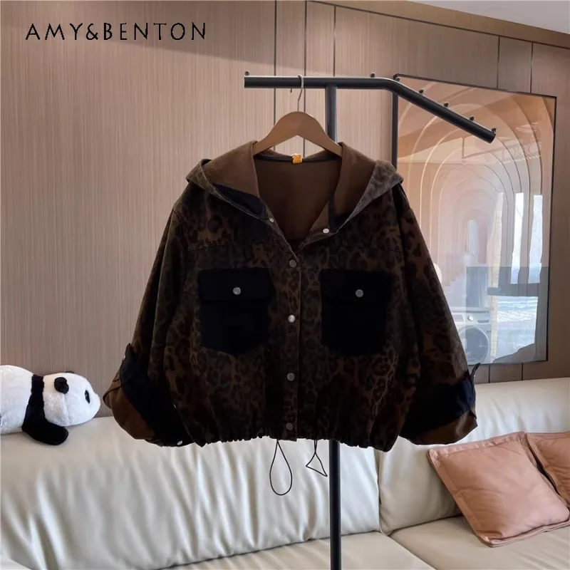 

Loose Trendy Brand Jacket 2024 Autumn And Winter New Popular Personalized Leopard Print Velvet Thickened Hooded Denim Coat Women