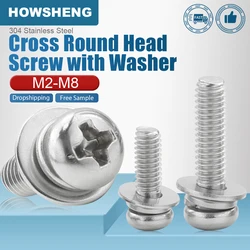 HOWSHENG 5-100pcs Cross Round Head Three Sem Screws with Washer m2 m3 m4 m5 m6 m8 Stainless Steel Three Combination Screw