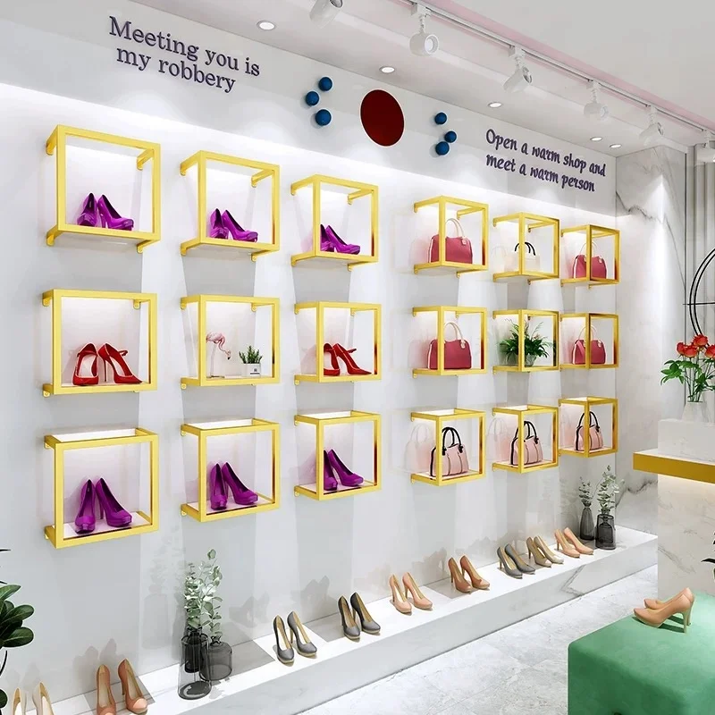 

Custom.Guangzhou Fashion Shoe Handbag Shop Fit Out Design Shoe Rack Handbag Shop Fittings Display Wall-mounted Shoes Rack