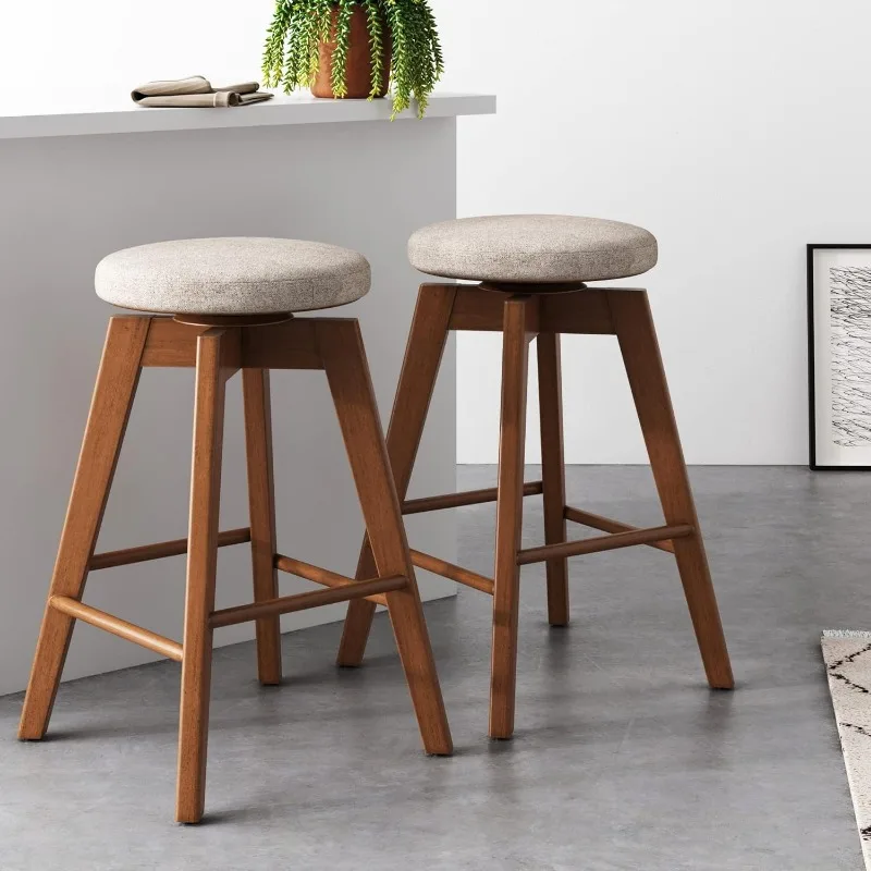 Barker Counter Height Solid Wood Barstool with Upholstered Cushion, Backless Island Stool with Rubberwood Legs