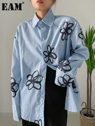 [EAM] Women Blue Striped Flower Big Size Blouse New Lapel Long Sleeve Loose Fit Shirt Fashion Tide Spring Autumn 2024 1DF1469