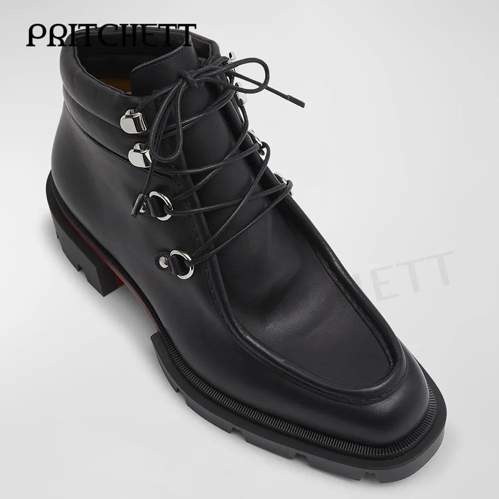 Black Melon Nail Lace-Up Leather Boots Square Toe Thick Bottom Chunky Heel Trendy Ankle Boots Large Size Fashion Men's Boots