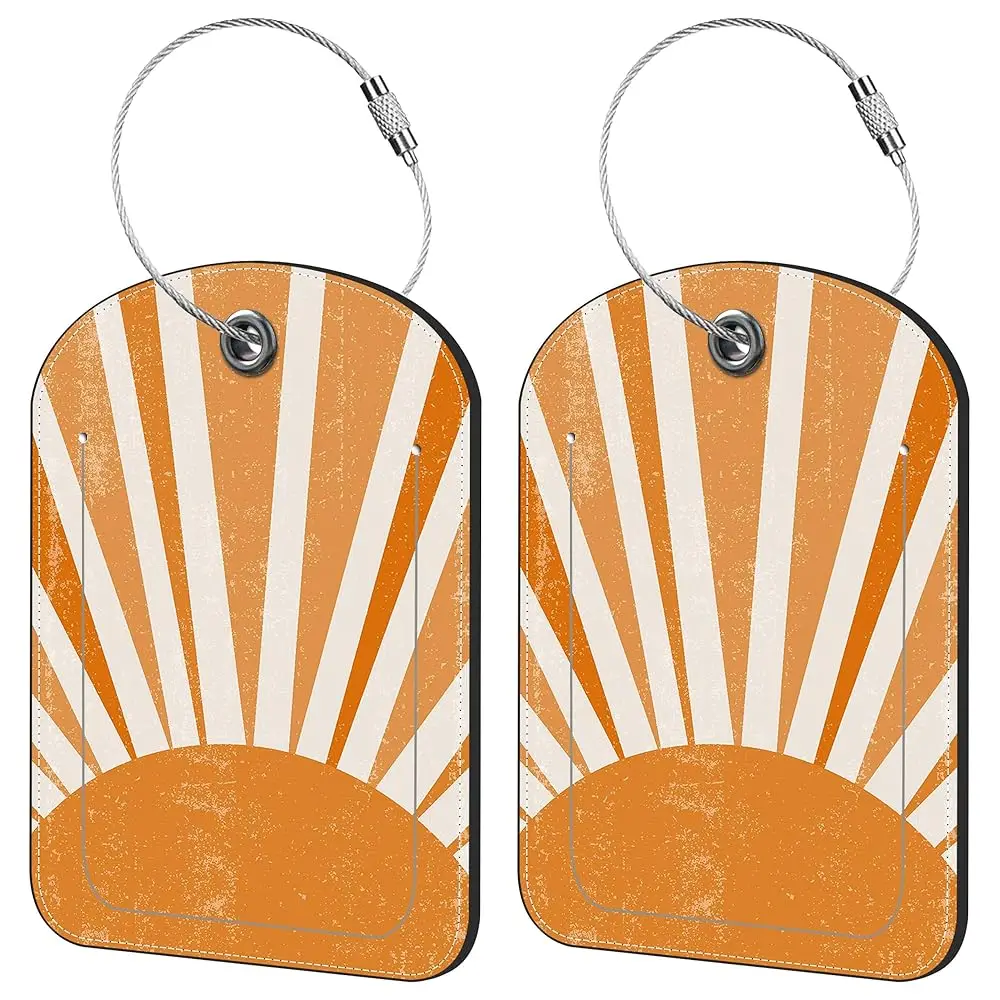 

2 Pack Cute Luggage Tag for Suitcases Orange Sun Print Boho Leather Luggage Tags with Stainless Steel Loop Privacy Flap Name