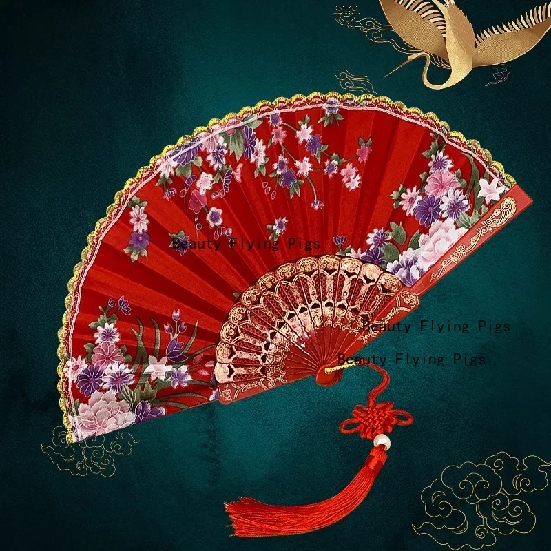 1pc Cloth Gold Edged Fan Chinese Floral Pattern Folding Fan Square Dance Fan Props Home Decoration Width 42.5cm * Height 23cm