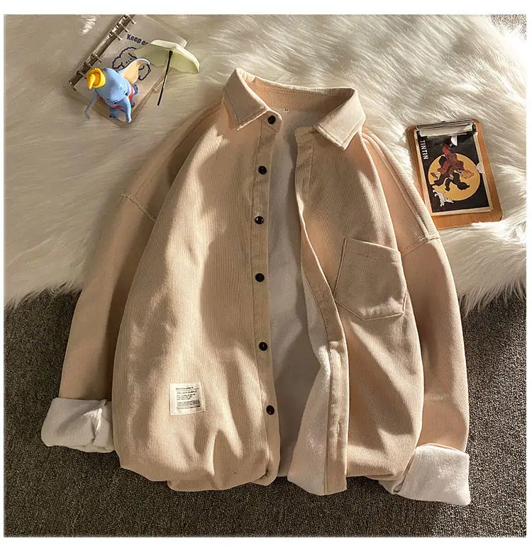

Khaki Corduroy irt Men's Loose Fit Faionable Outerwear Korean Sle Large Size Youth Waed Long Sve Button up