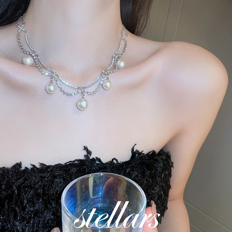

Pearl Rhinestone Double Layer Necklace China Niche Luxury High-End Choker Versatile Temperament Neck Jewelry