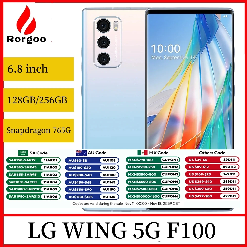 LG WING 5G Original Unlocked Mobile phone F100N US Version 4G LTE Cell Phone 6.8'' 8GB RAM 128GB/256GB ROM Android SmartPhone