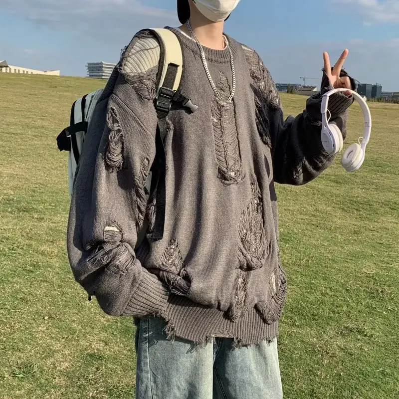 

Fall Large Size 300 Pou American High Street Hole Knitted Sweater Jaet for Teenage Boys Trendy And Haome Sle