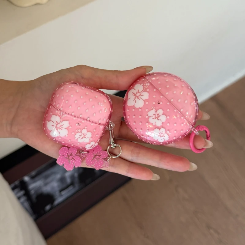 Fresh Rose Pink Polka Dot Hibiscus With Pendant Earphone Protective Cover Case for Huawei FreeBuds 7i 6i 5i SE2 SE3 FreeClip 2