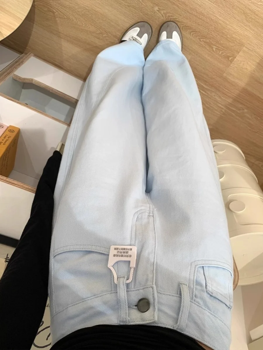 กางเกงยีนส์ทรงกระดิ่งเอวสูงหลวมๆ สีฟ้าอ่อน สำหรับผู้หญิง ทรงหลวมสบาย ขากระบอกใหญ่ ทรงตรง ยาว เหมาะสำหรับฤดูใบไม้ร่วง