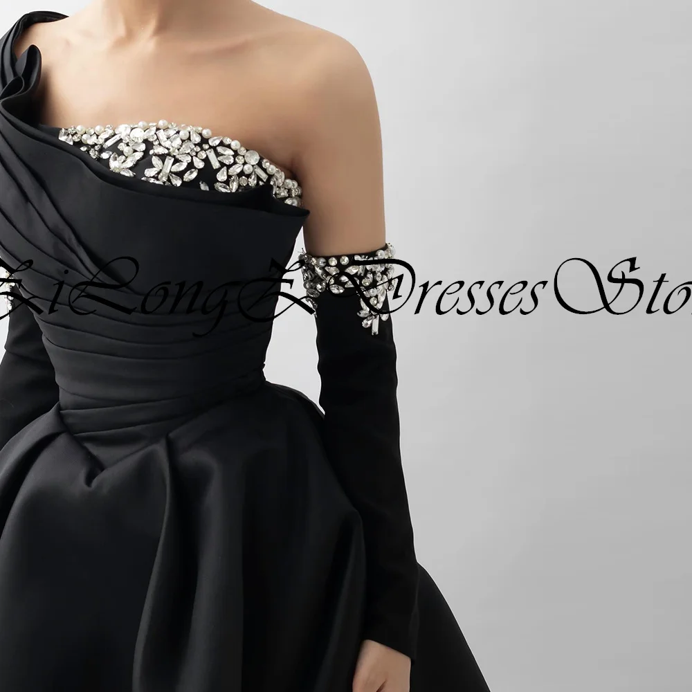 Elegant Party Dresses Woman 2024 One Shoulder Detachable Satin Sleeve Crystal A-Line Sweep Train Pleats Classic Celebrity Dubai