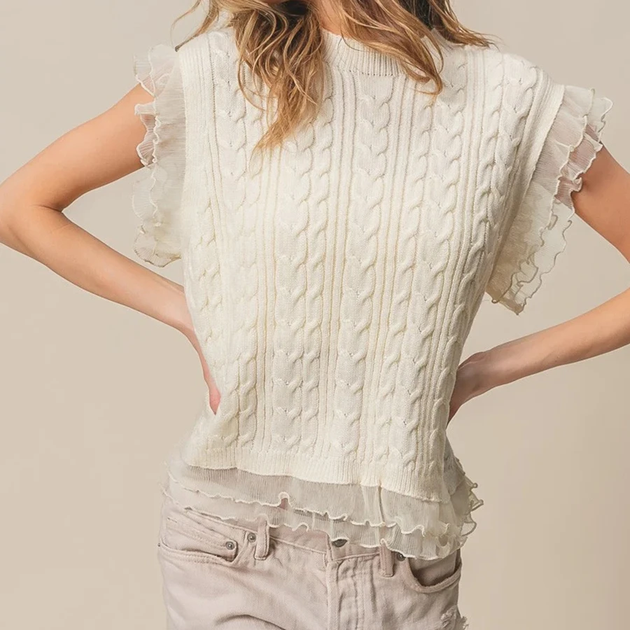 2025 женский осенне-зимний вязаный свитер, жилет, повседневный стильный однотонный вязаный топ без рукавов с рюшами и круглым вырезом