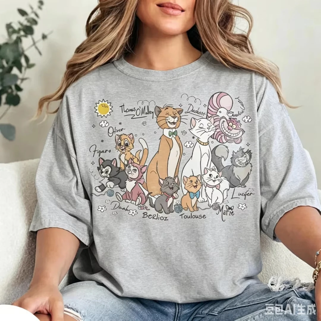 2026 NEW Cat-themed group cat adventure lady Mary T-shirt, Lucifero Oliver, for both men and women, family and children's styles