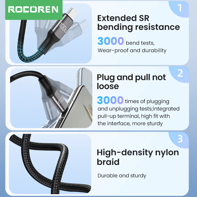 Rocoren 100W USB Type C Cable For Xiaomi 13 Huawei Redmi Note 12 Pro Realme 7A Fast Charging Cable Super Charge USBC Wire Cord