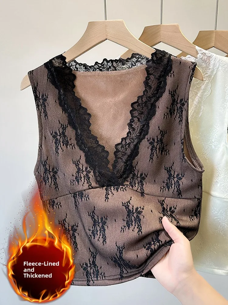 

Lace Insert Fleece Lined Women's Camisole Tank Top plus Size Warm Thick Inner Wear Outerwear Big Size Fat MM Commute Style