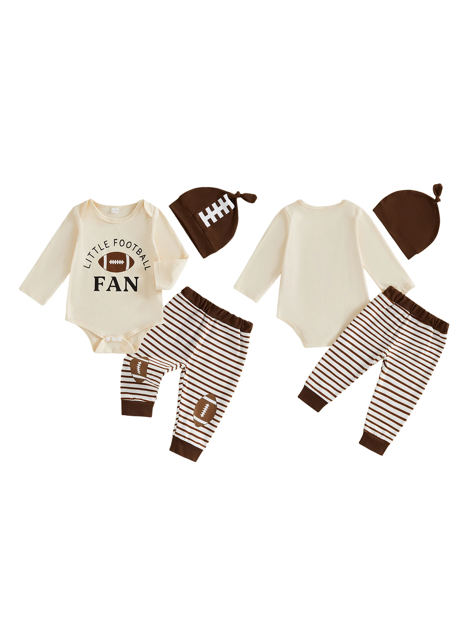 Hat-3-Pcs Hat 3 Baby Sleeve Romper Striped Football Outfit Letter Pants- -Hat Outfit-Letter Romper