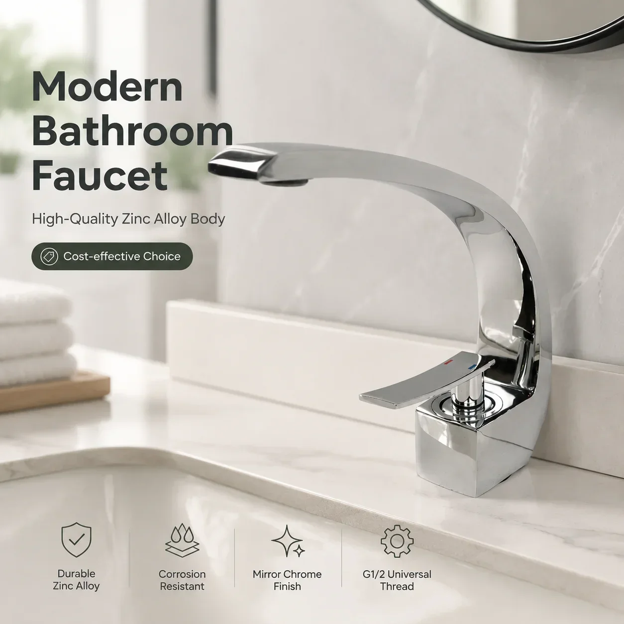 Mirror Bright Chrome Zinc Alloy Single Handle Basin Faucet Modern Curved Large Curved Mouth Hot and Cold Bathroom Basin Faucet