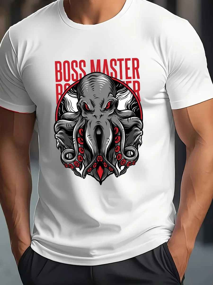 Camiseta blanca de manga corta con texto rojo "BOSS MASTER" y diseño gráfico de pulpo