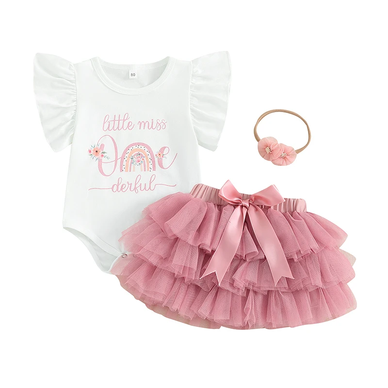 

Baby Girls Birthday Skirt Set Cute 1st Outfit Summer Clothes Short Sleeve Letter Rainbow Print Romper Tulle Skirt