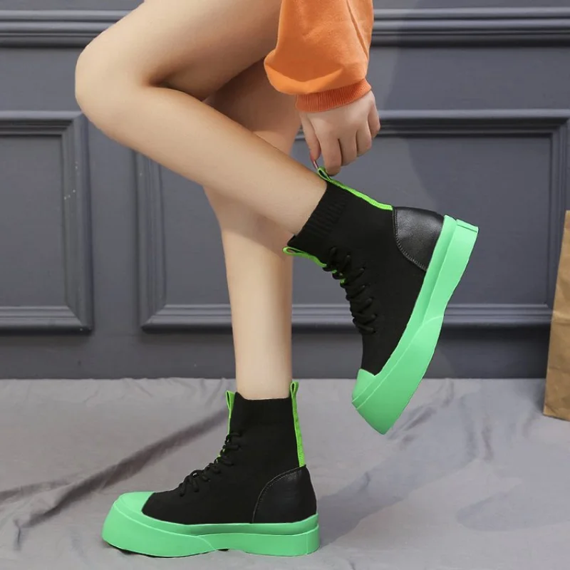 High-top Cloth Shoes Spring and Autumn Leisure Thick Bottom Ins Tide Breathable Socks Short Boots Women\'s Shoes Single Boots