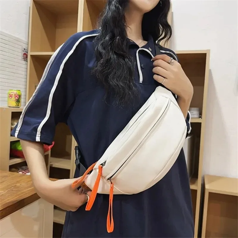 Casual Unisex Crossbody Waist Bag Black Beige Sling Chest Pack with Orange Zipper Pulls, Adjustable Belt for Outdoor & Daily Use