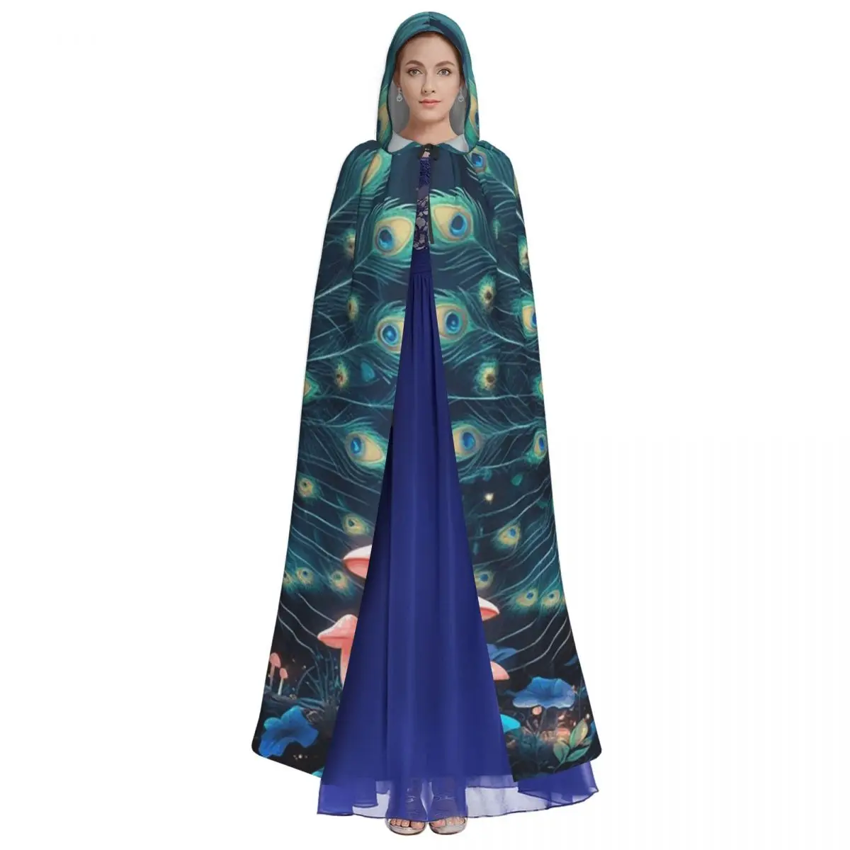 เสื้อคลุมยาวมีฮู้ดลายขนนกยูงสุดอลังการ ชุดแม่มดยุคกลาง คอสเพลย์ เสื้อคลุมฮาโลวีน แวมไพร์ สำหรับผู้ใหญ่ ทุกเพศ