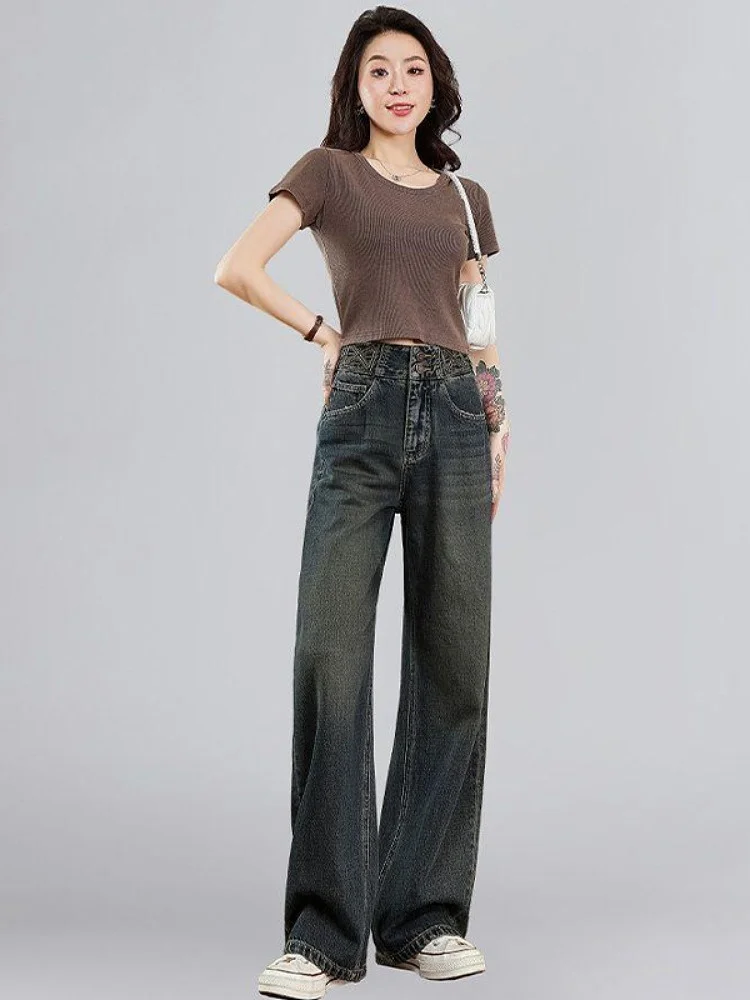 Retro cimento ey perna larga corte reto jeans feminino solto emagrecimento versátil design outono nova chegada calças compridas de cintura alta