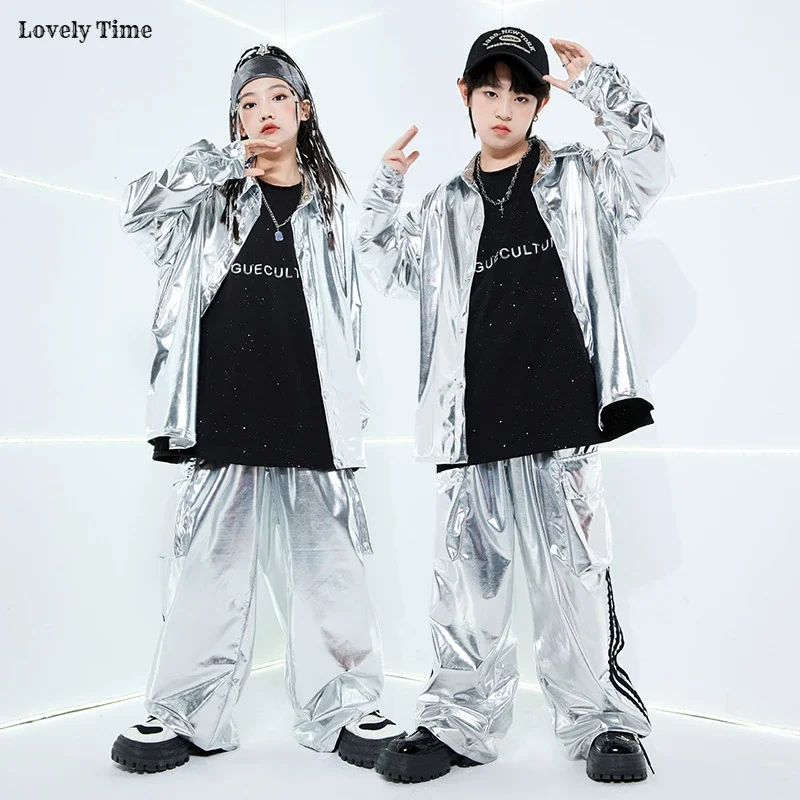 Boys Hip Hop Silver Jacket Street Dance K-pop Cargo Pants Girl PU Leather Clothes Sets Kids Children Teens Jazz Shiny Streetwear