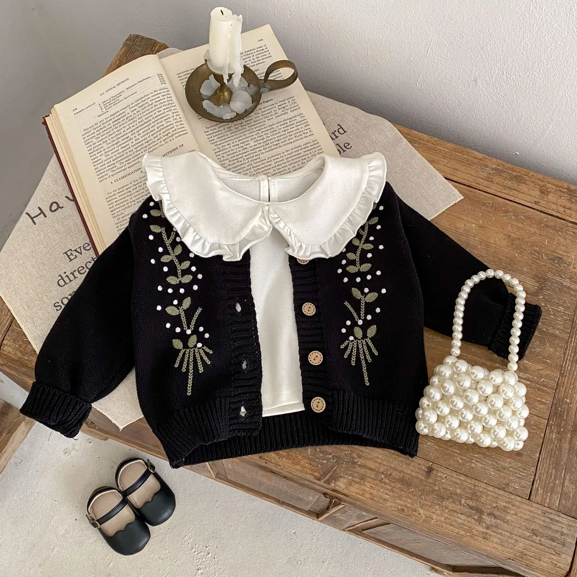 Autumn New Girl Baby Clothing Fashion Leaf Embroidered Long sleeved Knitted Coat+Newborn Versatile Cardigan