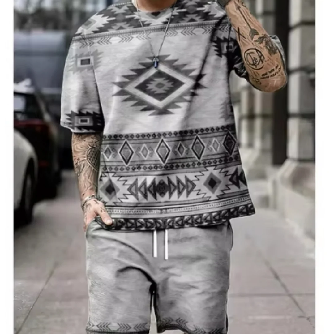 Summer Retro ethnic Style Men\'s Shorts Sets Casual T Shirts+Shorts 2PCS Outfits 3D Print Man Clothes Oversized O-Neck Sportswear