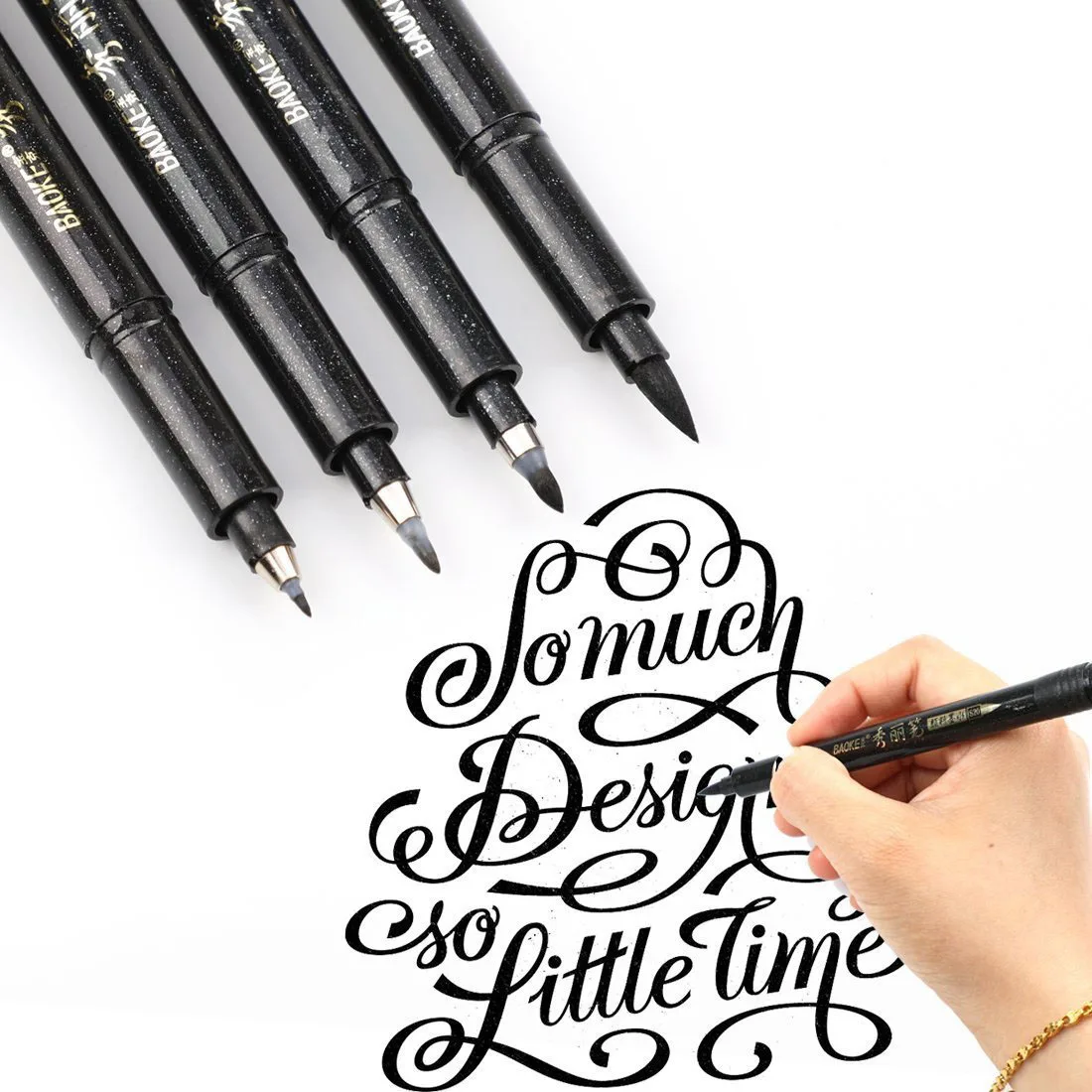 Kit 4pcs Calligraphy Pen Soft Hand Lettering Fineliner Brush Pen Black Ink