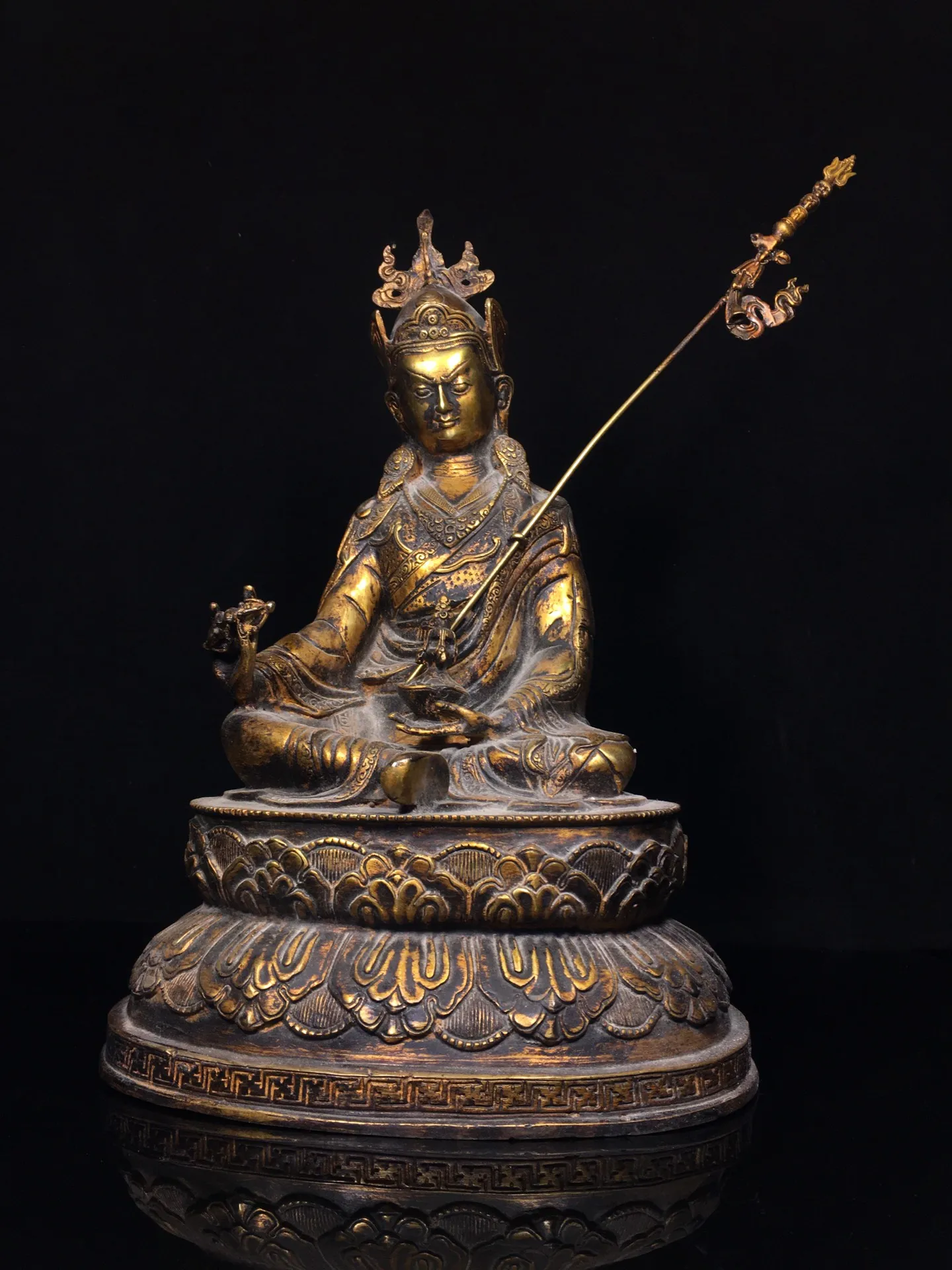 

15"Tibetan Temple Collection Old Bronze Cinnabar Mud gold Guru Rinpoche lotus platform Padmasambhava Buddha Worship Hall