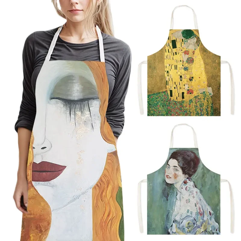 Oil Painting Kiss Tears By Gustav Klimt Cooking Apron for Women Men Cleaning Tools Chef Waiter Pinafore Linen Kitchen Aprons