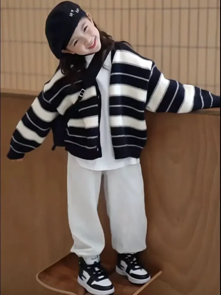 

Three Pieces Autumn Girls Clothes Black Striped Coats Toddler Cardigans White Bottoming Shirts Undershirts Loose Pants