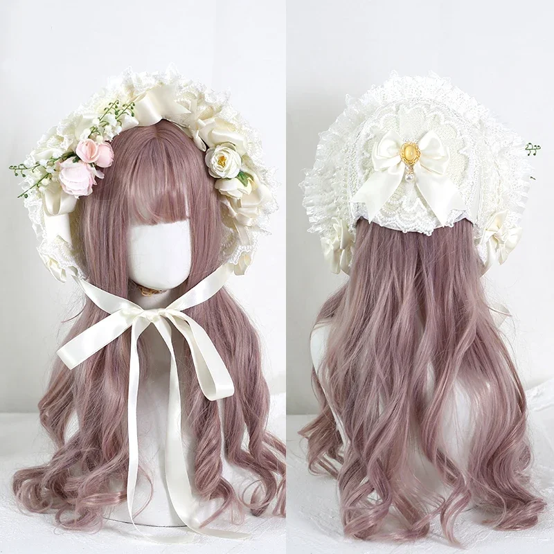 女の子のためのビクトリア朝のレースの花の麦わら帽子、ヴィンテージのフリルキャップ、調節可能なボンネット、ロリータ