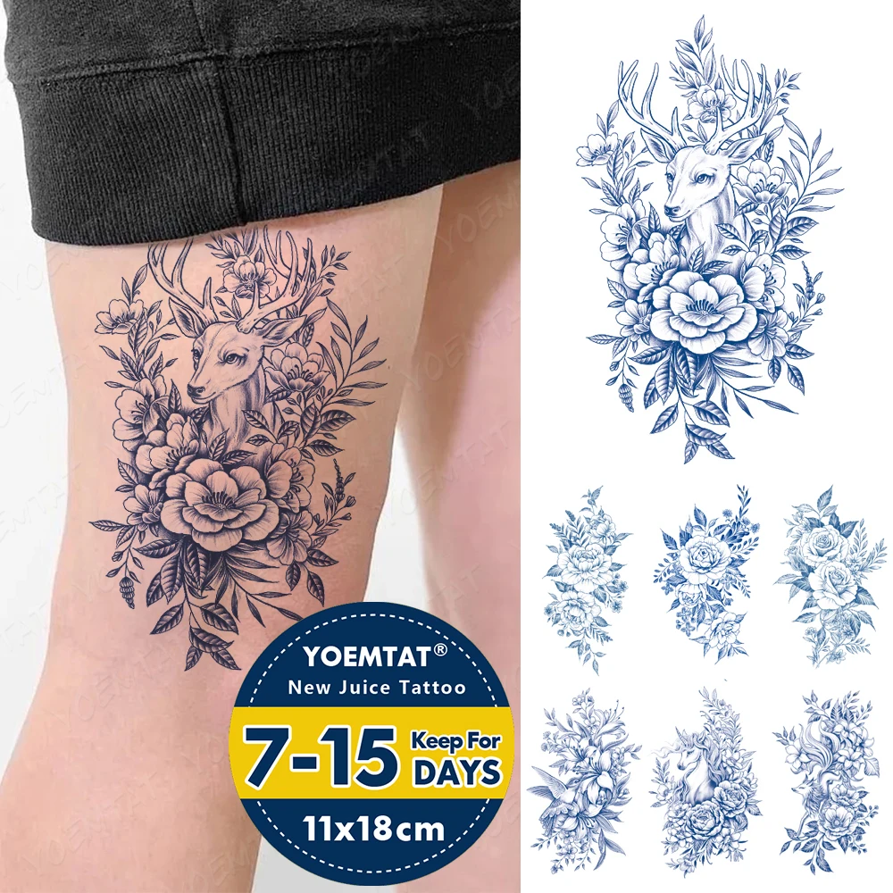 Semi-permanente à prova dpermanent água temporária tatuagem adesivo cervos pônei flor rosa genipin suco de lírio erval duradoura tinta falso braço tatoo